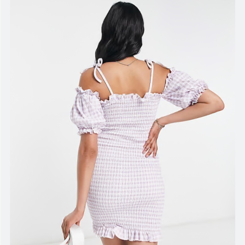 River Island puff sleeve gingham shirred mini dress in light purple